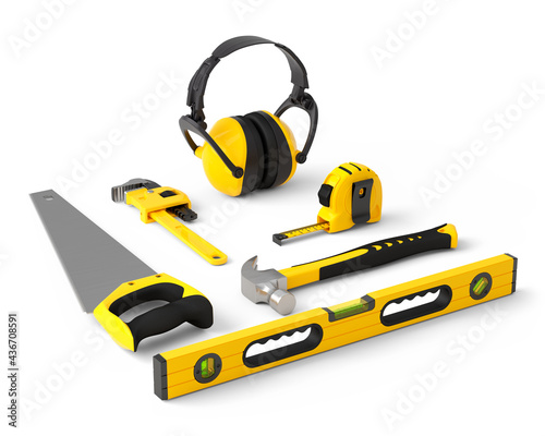 Isometric view of yellow construction tools for repair on white