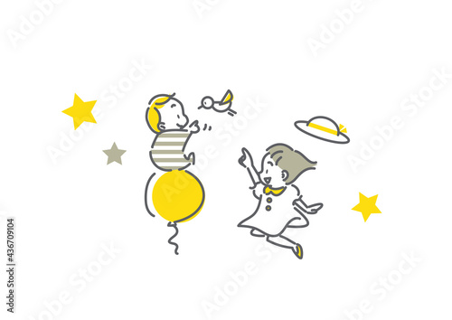 ふんわり空に浮かぶ赤ちゃんと女の子のシンプルな線画イラスト