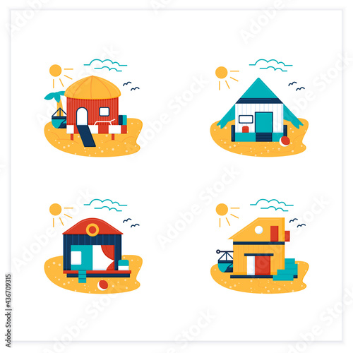 Beach hut flat icons set. Modern facade comfortable houses on beach. Perfect relax place. Seascape. Rest concept. Vector illustrations © Antstudio