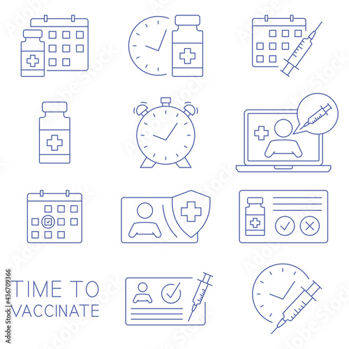 Time to vaccinate icons. Medical card, syringe, vial, calendar, online doctor and other clinical icons. Immunization concept. Health care and protection. Medical treatment