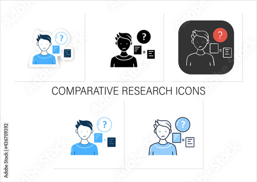 Comparative research method icons set.Lack of method for comparing information.Collection icons in linear, filled, glyph, sticker, chalk styles. Isolated vector illustrations