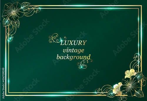 Luxurious vintage background. Exclusive design of labels, badges, frames, logo, packaging. Gold monogram ornament on a green background. Great for
perfumery, soap, lotions. Can be used for background 