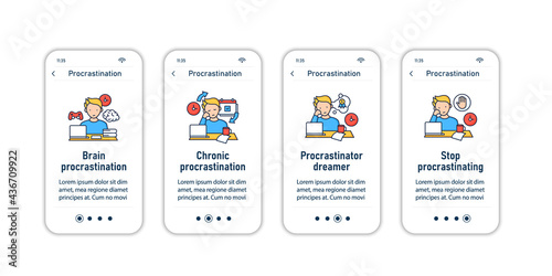 Procrastination onboarding mobile app screens. Postpone unpleasant tasks for later.Delay. Overwhelmed steps menu. Set of UI, UX, web template with RGB color linear icons