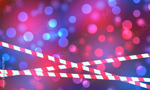 Police lights flash red and blue glowing flares on night bokeh background. Emergency flashing light flares bokeh background with police line.