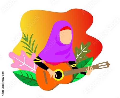muslim guitarist flat design vector illustration