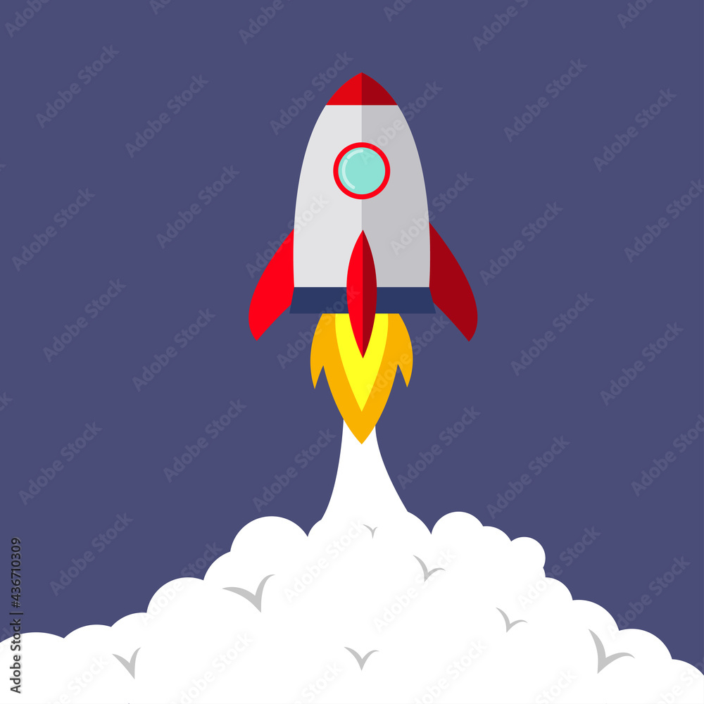Rocket launch in the sky flying over clouds. Space ship in smoke clouds. Business concept. Start up template. Horizontal background. Simple modern cartoon design. Flat style vector illustration.