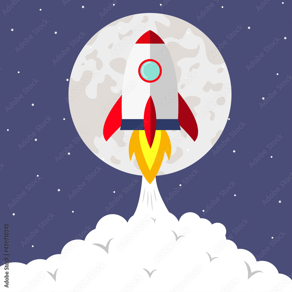 Rocket launch in the sky flying over clouds. Space ship in smoke clouds. Business concept. Start up template. Horizontal background. Simple modern cartoon design. Flat style vector illustration. Rocket launch in the sky flying over clouds. Space ship in smoke clouds. Business concept. Start up template. Horizontal background. Simple modern cartoon design. Flat style vector illustration.