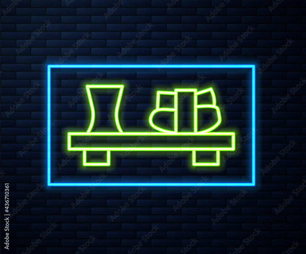 Glowing neon line Sushi on cutting board icon isolated on brick wall background. Asian food sushi on wooden board. Vector Glowing neon line Sushi on cutting board icon isolated on brick wall background. Asian food sushi on wooden board. Vector