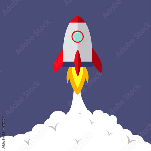 Rocket launch in the sky flying over clouds. Space ship in smoke clouds. Business concept. Start up template. Horizontal background. Simple modern cartoon design. Flat style vector illustration.