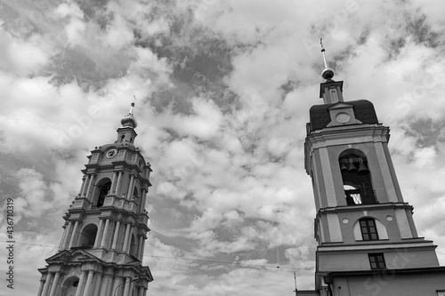 View to belltowers of the Church of the Forty Martyrs of Sebastia and Novospassky monastery, black and white photo photo