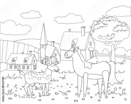 Farm animals coloring book educational illustration for children. Cute goat and horse, rural landscape colouring page. Vector black white outline cartoon characters