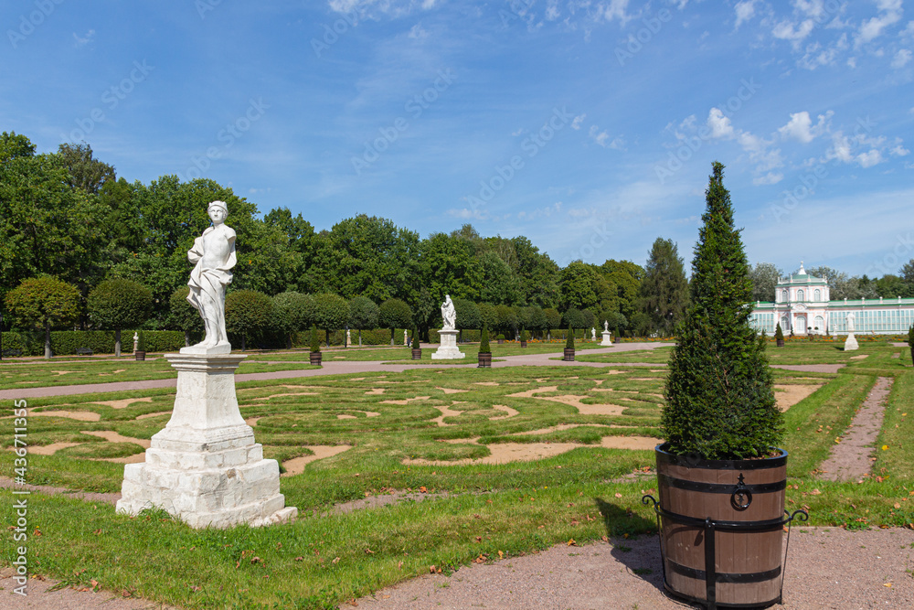 Landscape view of the regular French park with statues and the Orangerie in Kuskovo Manor.