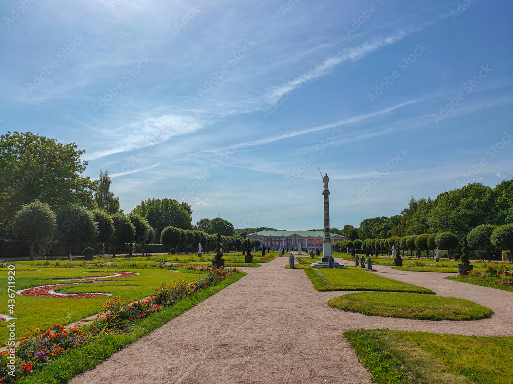 Landscape view of the regular French park with statues and The Palace in Kuskovo Manor.