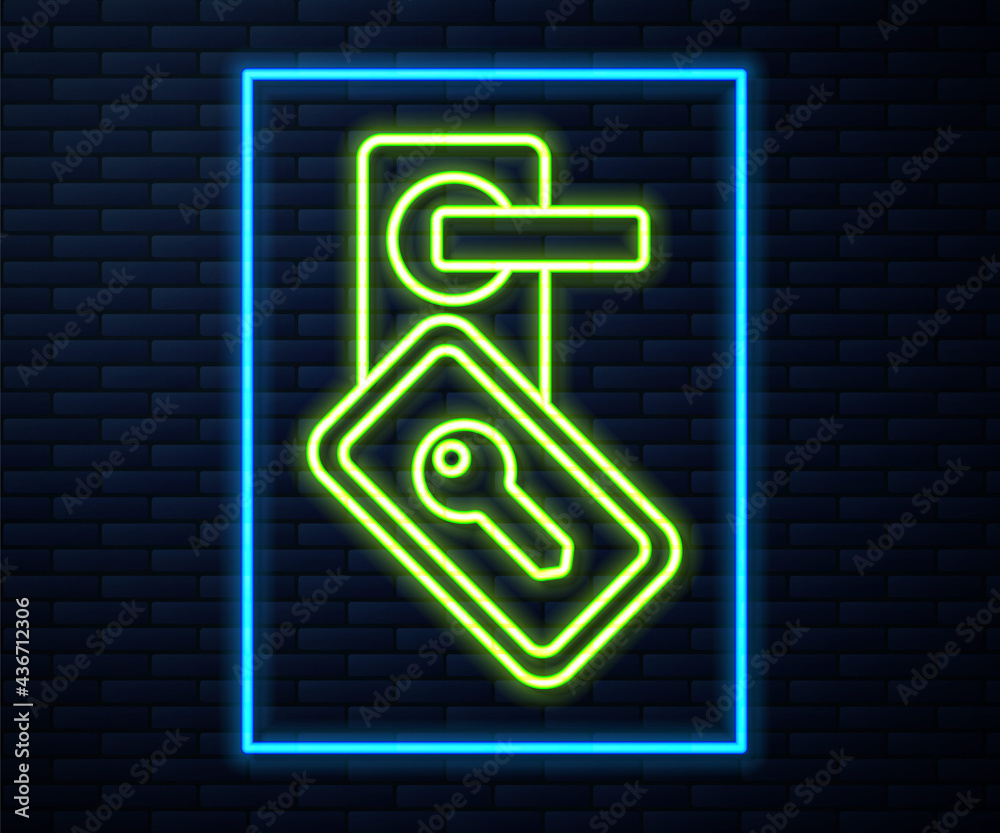 Glowing neon line Digital door lock with wireless technology for unlock icon isolated on brick wall background. Door handle sign. Security smart home. Vector Glowing neon line Digital door lock with wireless technology for unlock icon isolated on brick wall background. Door handle sign. Security smart home. Vector