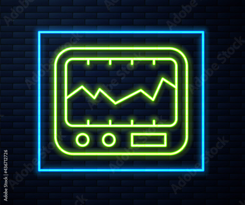 Glowing neon line Electrical measuring instrument icon isolated on brick wall background. Analog devices. Measuring device laboratory research. Vector