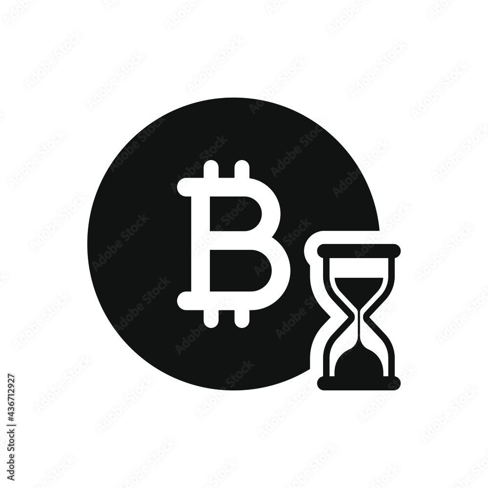 Bitcoin with sandglass. Money with hourglass. Time is money flat icon isolated on white background. Vector illustration Bitcoin with sandglass. Money with hourglass. Time is money flat icon isolated on white background. Vector illustration