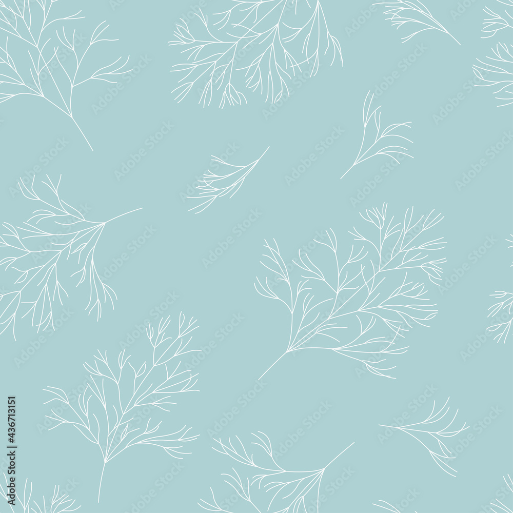 Seamless pattern with sprigs of dill. White twigs on blue background. Simple botanical vector illustration with nature elements. Printing on textiles, bedding, wrapping paper, packaging.