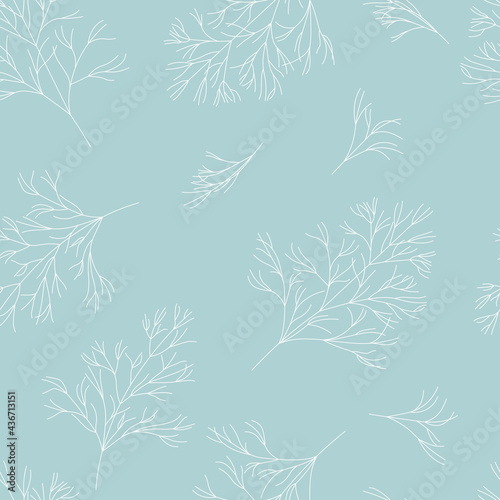 Obraz na płótnie Seamless pattern with sprigs of dill. White twigs on blue background. Simple botanical vector illustration with nature elements. Printing on textiles, bedding, wrapping paper, packaging. w salonie