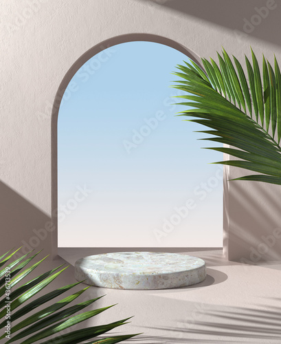 Fototapeta Naklejka Na Ścianę i Meble -  Minimal Mockup Podium Display, Sunlight Shadow Palm Foliage On Beige Mortar Wall, Abstract Background 3d Render