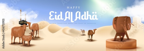 Realistic Islamic Eid Al Adha Mubarak Banner with Desert and Camel