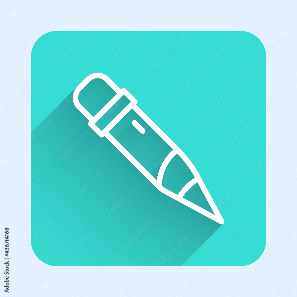 White line Pencil with eraser icon isolated with long shadow. Drawing and educational tools. School office symbol. Green square button. Vector White line Pencil with eraser icon isolated with long shadow. Drawing and educational tools. School office symbol. Green square button. Vector