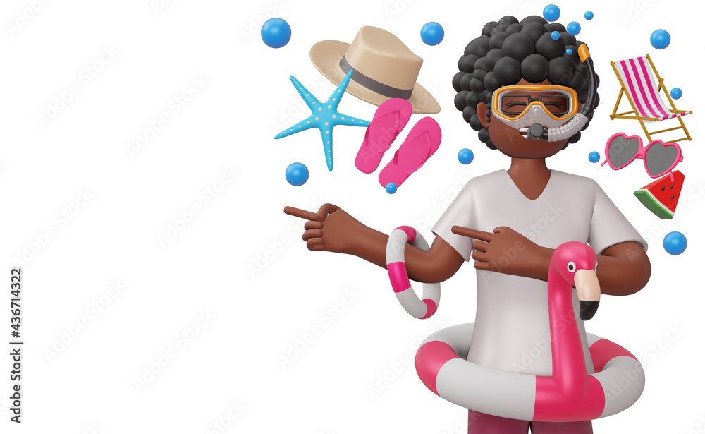 Happy girl pointing finger wearing scuba diving mask in flamingo swim ring with beach equipment, summer season, summer template, 3d rendering Happy girl pointing finger wearing scuba diving mask in flamingo swim ring with beach equipment, summer season, summer template, 3d rendering