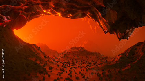 Obraz na plátně Cave on red planet or post-apocalyptic earth 3D render
