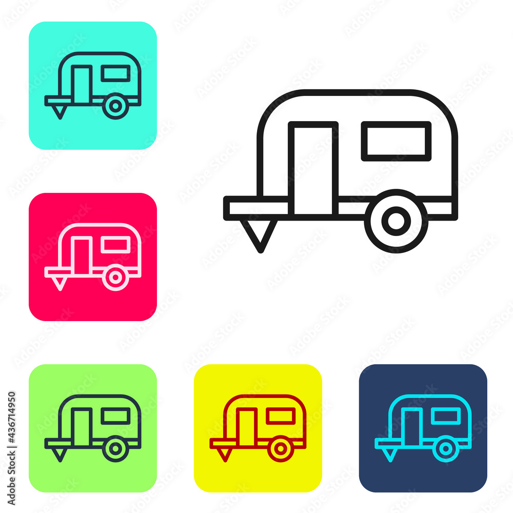 Black line Rv Camping trailer icon isolated on white background. Travel mobile home, caravan, home camper for travel. Set icons in color square buttons. Vector Black line Rv Camping trailer icon isolated on white background. Travel mobile home, caravan, home camper for travel. Set icons in color square buttons. Vector