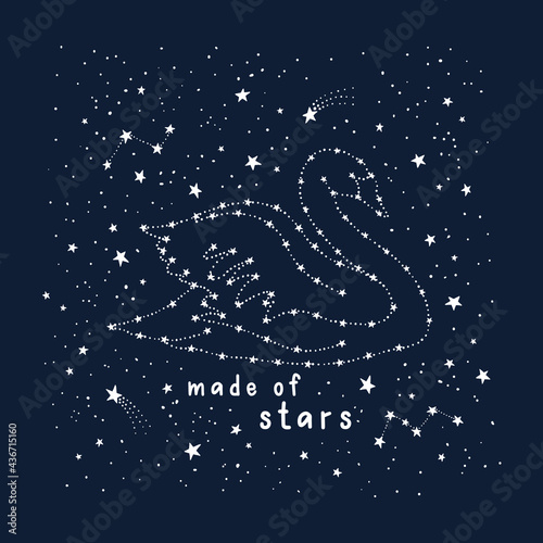 Vector space background with swan and stars. Cygnus constellation blue background