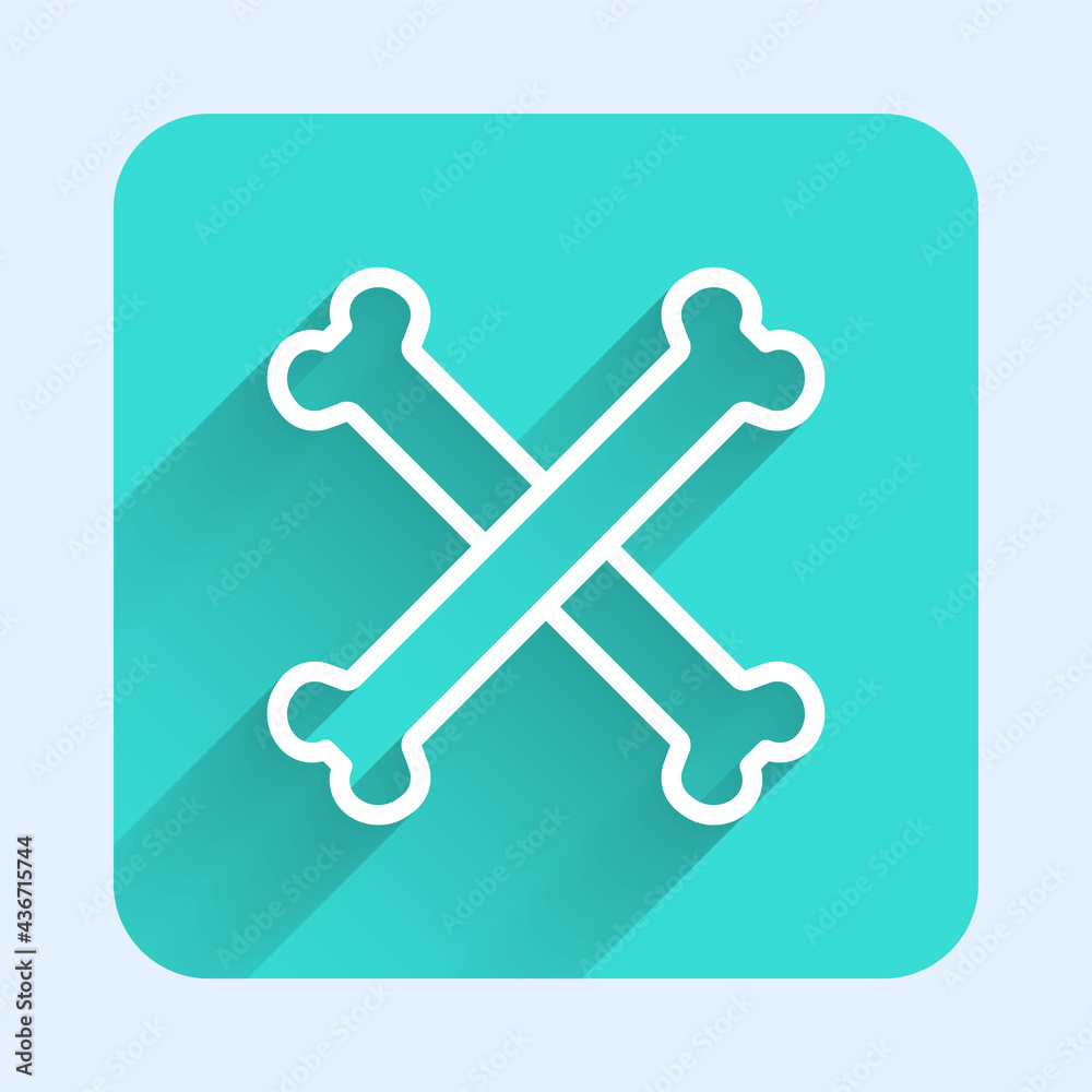 White line Crossed bones icon isolated with long shadow. Pets food symbol. Happy Halloween party. Green square button. Vector White line Crossed bones icon isolated with long shadow. Pets food symbol. Happy Halloween party. Green square button. Vector