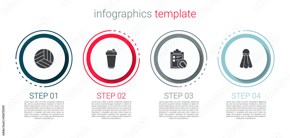 Set Volleyball ball, Fitness shaker, Checklist clipboard and tennis and Badminton shuttlecock. Business infographic template. Vector Set Volleyball ball, Fitness shaker, Checklist clipboard and tennis and Badminton shuttlecock. Business infographic template. Vector