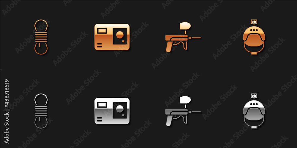 Set Climber rope, Action extreme camera, Paintball gun and Helmet and action icon. Vector Set Climber rope, Action extreme camera, Paintball gun and Helmet and action icon. Vector