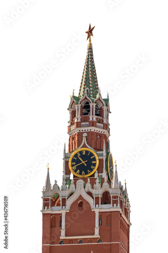 Spasskaya Tower of Moscow Kremlin on Red Square, Russia, isolated on white background photo