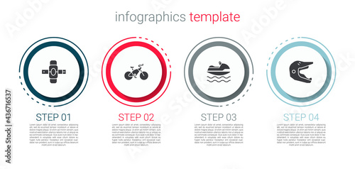 Set Knee pads, Bicycle, Jet ski and Motocross motorcycle helmet. Business infographic template. Vector