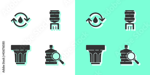 Set Big bottle with clean water, Recycle aqua, Glass and Water cooler icon. Vector