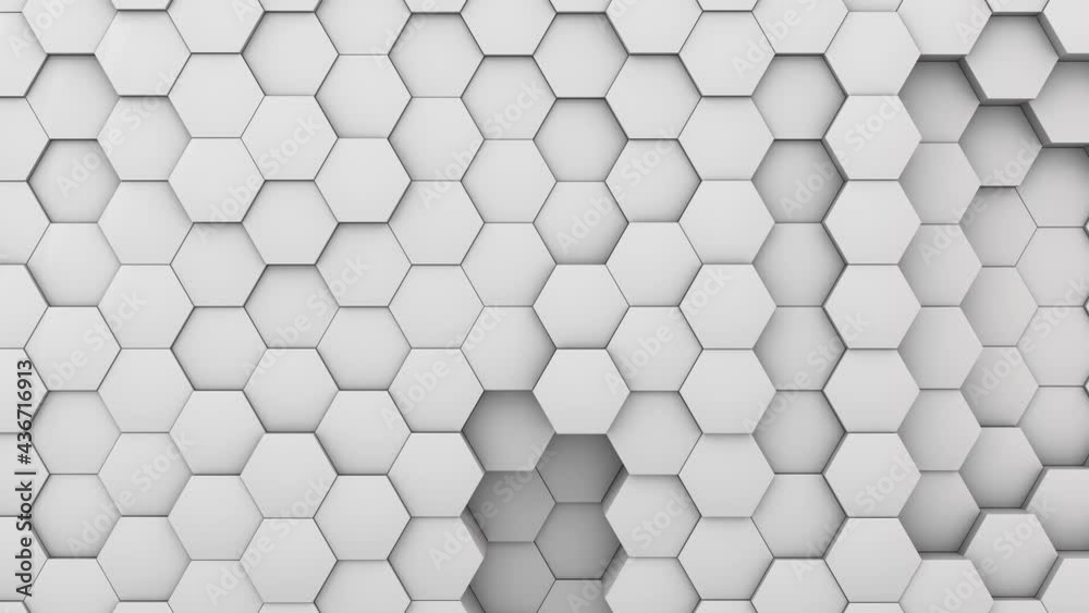 Loop animation, 3d abstract background of white hexagons that are in constant chaotic movement. Abstract white background, geometric illusion.