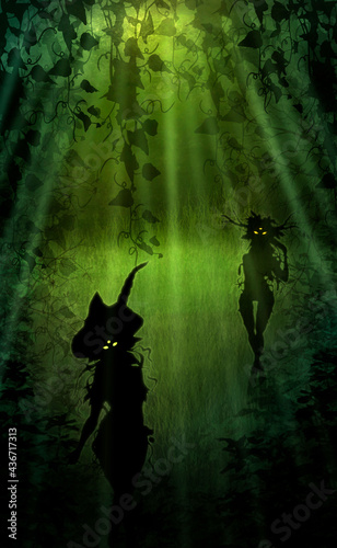 Tableau sur toile Mystical landscape, enigmatic, dark forest with silhouettes of forest spirits-dryads with glowing eyes, a green, grassy meadow with dense vegetation and rays of the sun penetrating through the lianas
