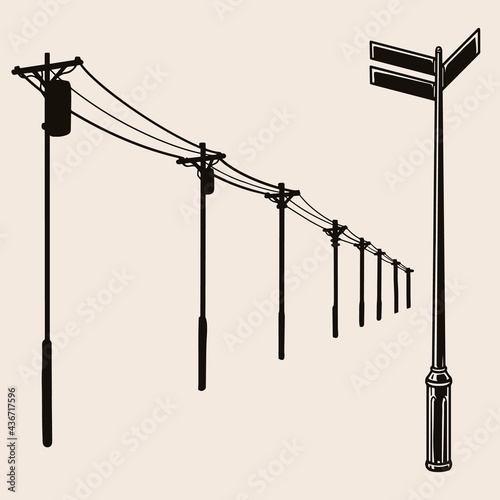 Electricity post line and metal signpost