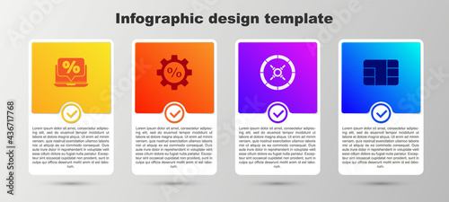 Set Percent discount and laptop, Gear with percent, Safe and Credit card chip. Business infographic template. Vector