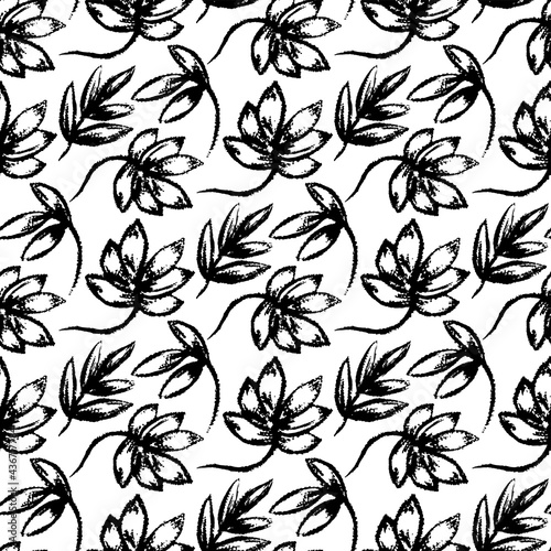 Black ink contour leaves isolated on white background. Monochrome leafy seamless pattern. Vector simple flat graphic hand drawn illustration. Texture.