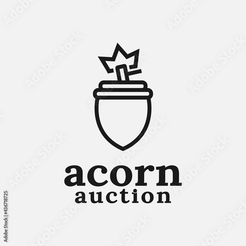 Acorn Auction Shield Logo Design Template. Suitable for auction lawyer judge advocate courthouse legislation Defender Business Company. Design in Simple Line Style.
