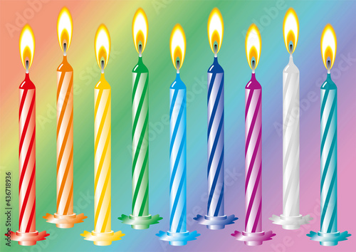 Nine burning birthday candles painted in rainbow colors. Vector drawing for design. 