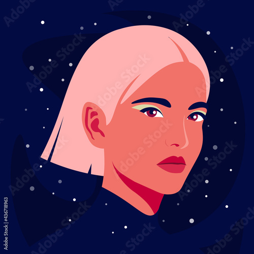 Portrait of a young woman with pink hair on a starry background. The modern witch. Vector flat illustration