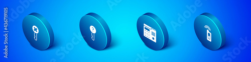 Set Isometric Wrong key, House intercom system, Car with remote and Undefined icon. Vector