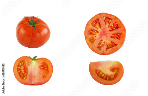 Tomatoes isolated on a white background. Tomato whole, cut, half, slice. Tomato set.