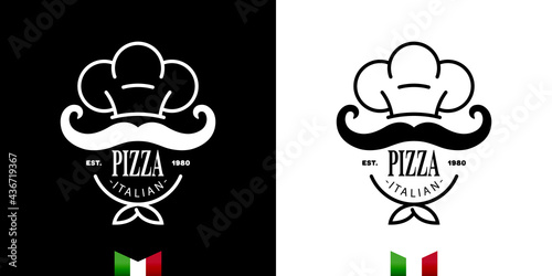 logo or emblem of italian pizzeria on white and black background. Suitable for pizza boxes, menu design or delivery. Vector, illustration