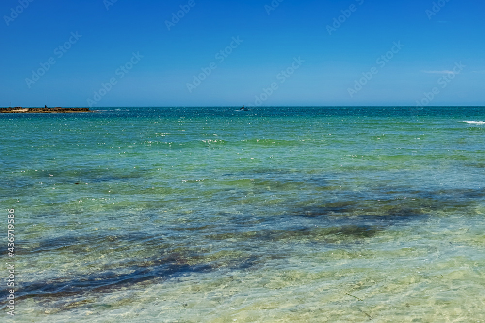 Wonderful view of the lagoon, seashore, white sand beach and blue sea. Djerba Island, Tunisia