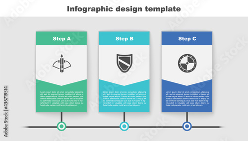 Set Battle crossbow with arrow, Shield and Round wooden shield. Business infographic template. Vector
