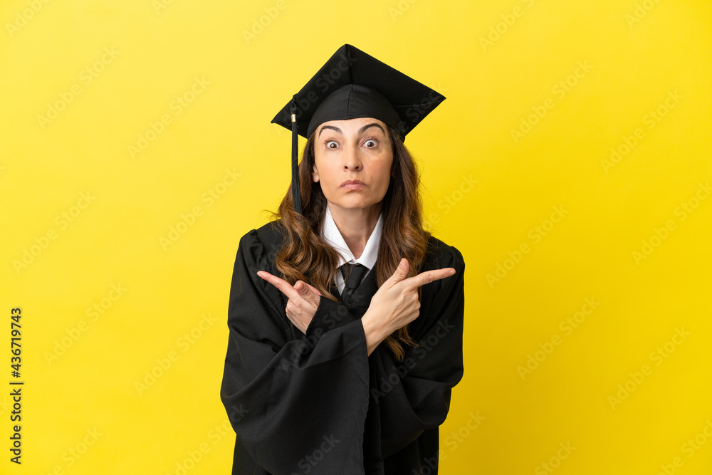 Middle aged university graduate isolated on yellow background pointing to the laterals having doubts Middle aged university graduate isolated on yellow background pointing to the laterals having doubts