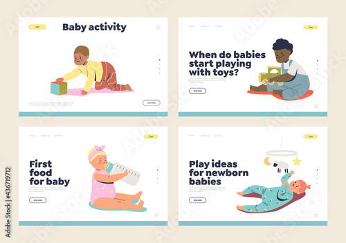 Landing pages with newborn babies with first toys playing and eating feeding formula or milk from bottle